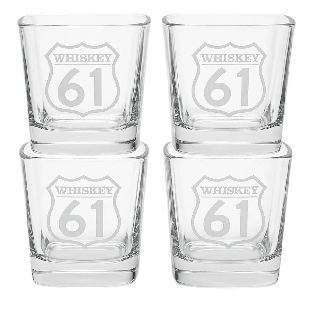 Set of four hand-crafted whiskey glasses etched with "Whiskey 61" logo, designed for an elegant whiskey experience.
