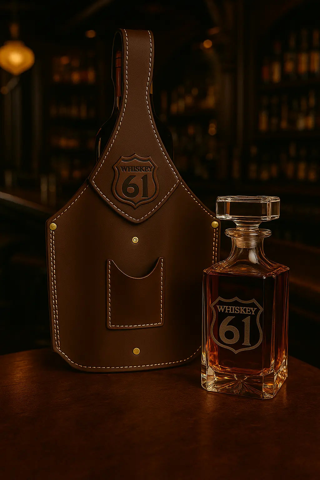 This double-barrel leather tote channels the spirit of Whiskey 61's highway heritage, designed to cradle your finest bourbon, Glencairn glasses, and a premium cigar with outlaw elegance. Made in the USA. (Glencairn glasses and case sold separately)