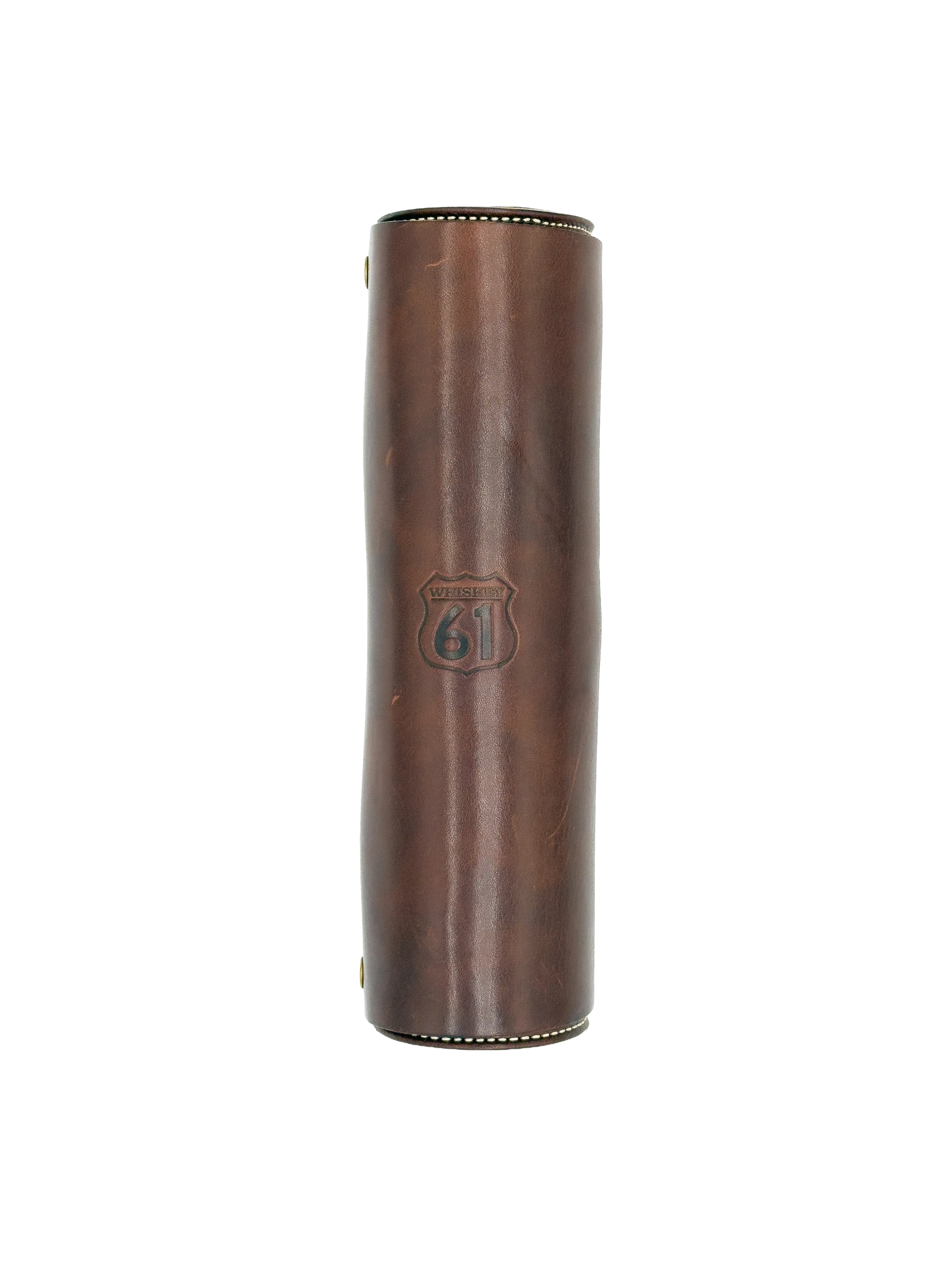 Luxury brown leather protective case with embossed Route 61 design, handcrafted for durability and elegance.