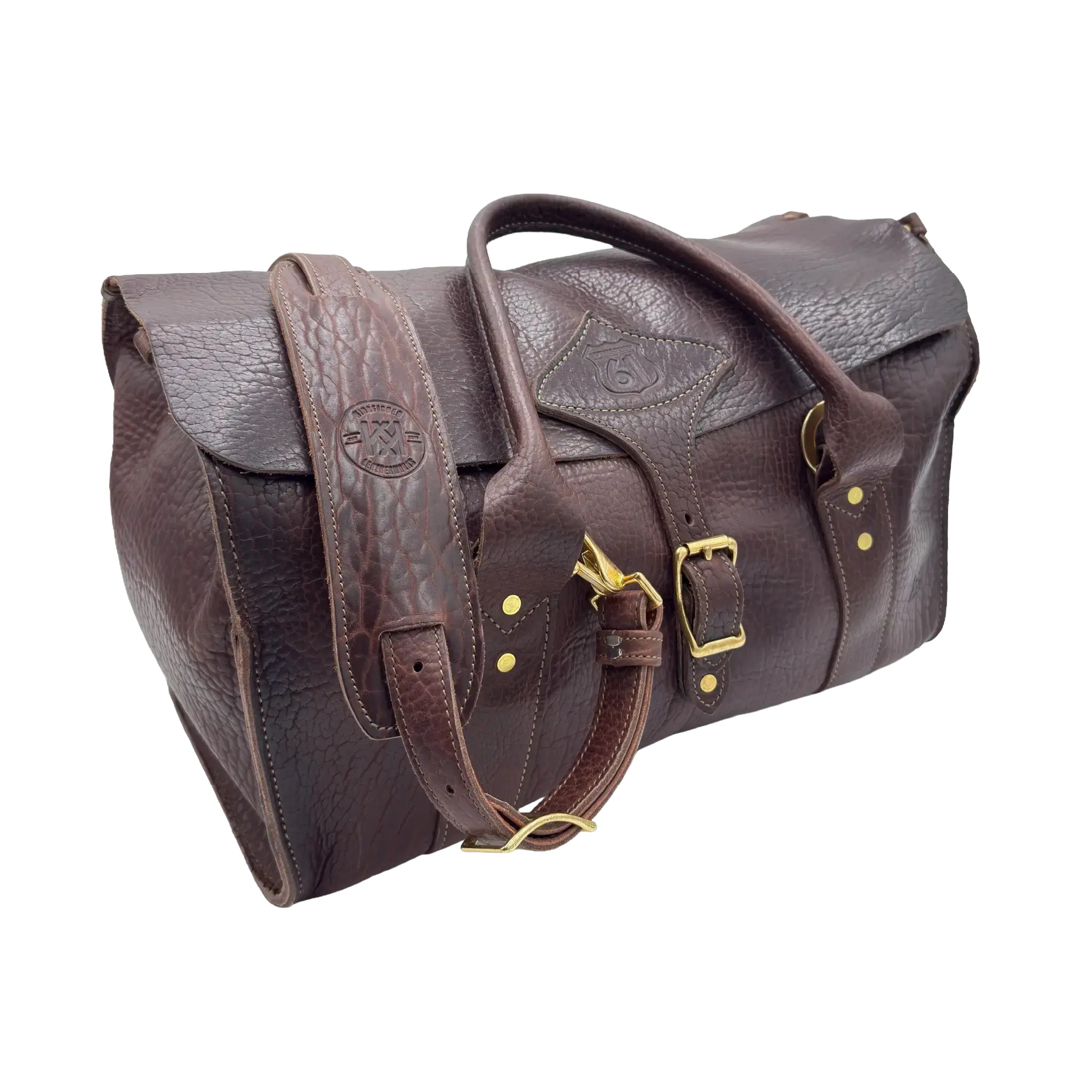 The Delta Voyager premium leather overnight bag with buckle and shoulder strap
