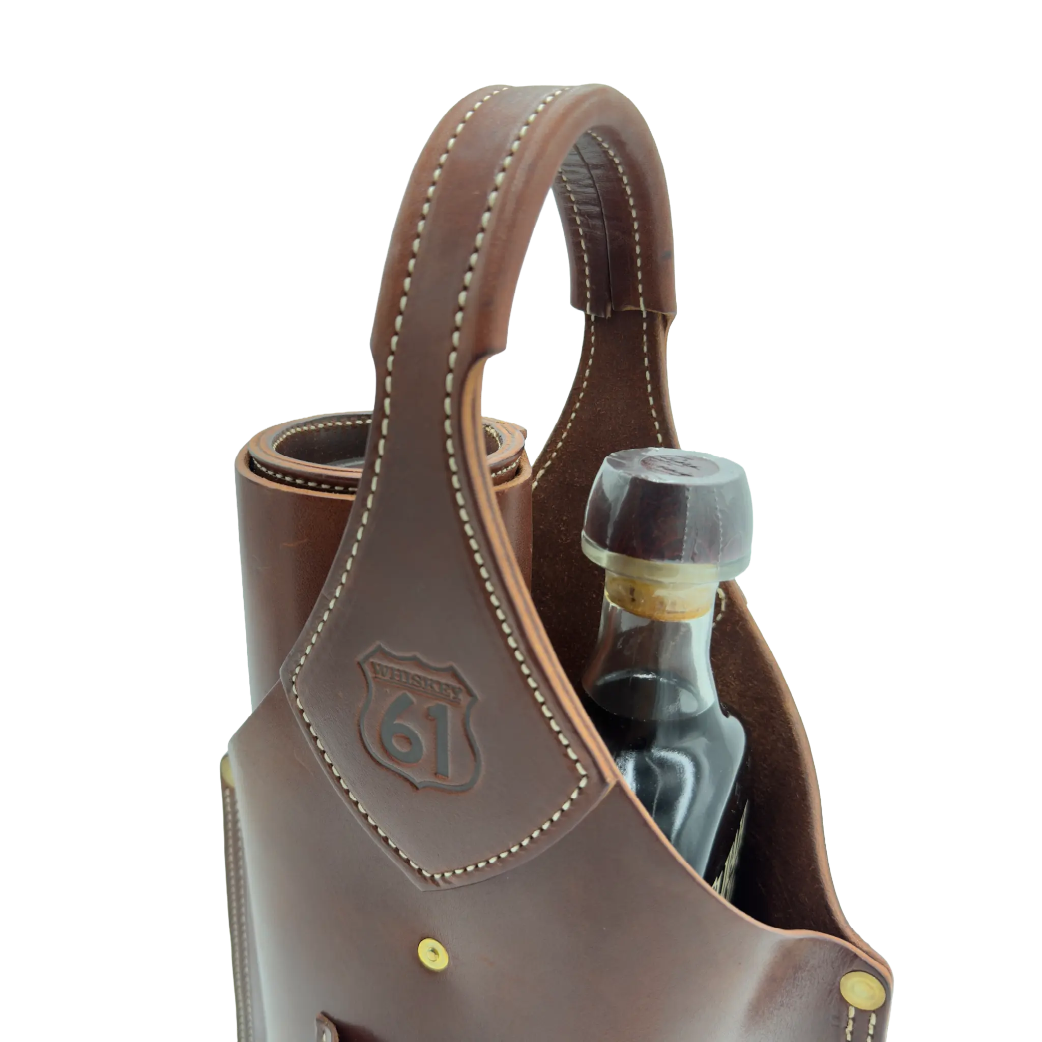 This double-barrel leather tote channels the spirit of Whiskey 61's highway heritage, designed to cradle your finest bourbon, Glencairn glasses, and a premium cigar with outlaw elegance. Made in the USA. (Glencairn glasses and case sold separately)