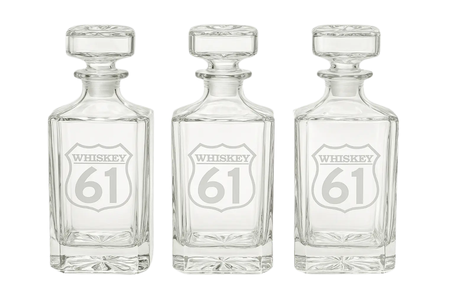 Clear glass bourbon decanter with Whiskey 61 logo showcasing elegant craftsmanship and vintage-inspired design