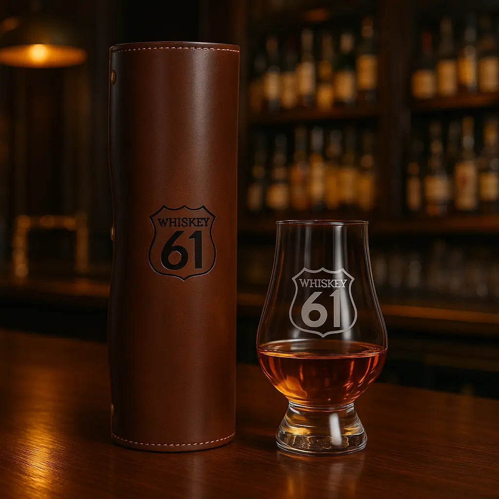 brown leather protective case with Whiskey 61 logo next to whiskey glass on wooden bar counter
